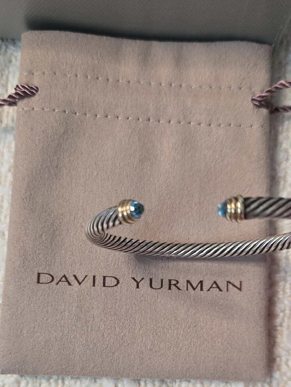 David Yurman Sterling Silver Cable Cuff with Blue Topaz and Gold Accents